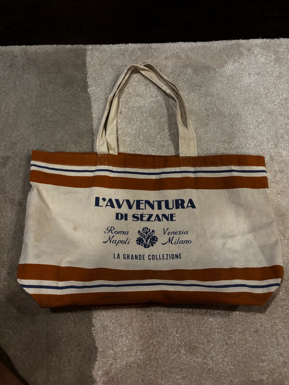 Sézane Canvas Tote in Cream, Brown, Navy